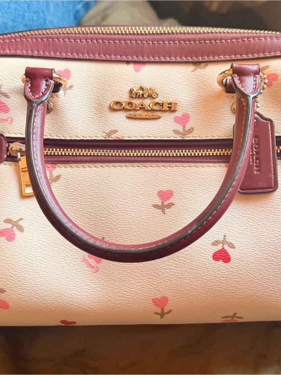 Coach Handbags - COACH Cream Floral Heart Satchel with Maroon Trim